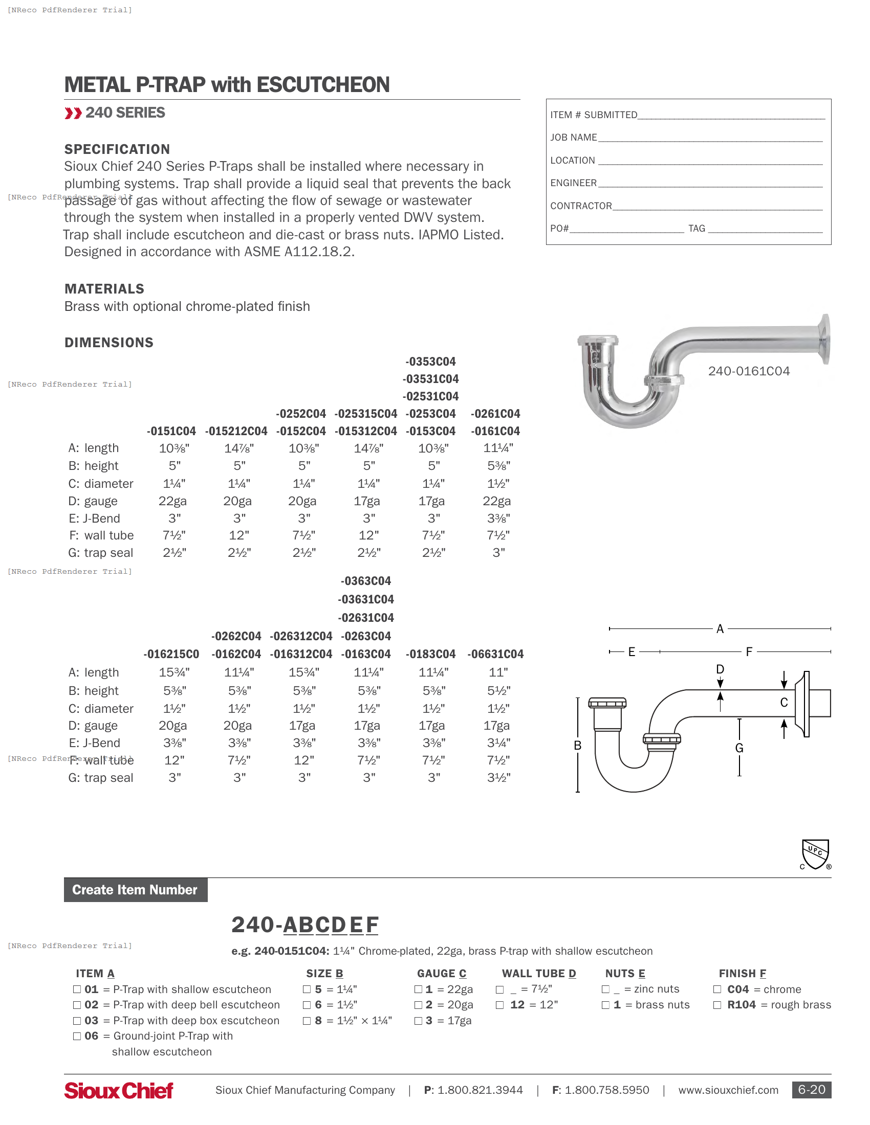 240 SERIES - METAL P-TRAP WITH ESCUTCHEON - SPEC SHEET.PDF Specification Document